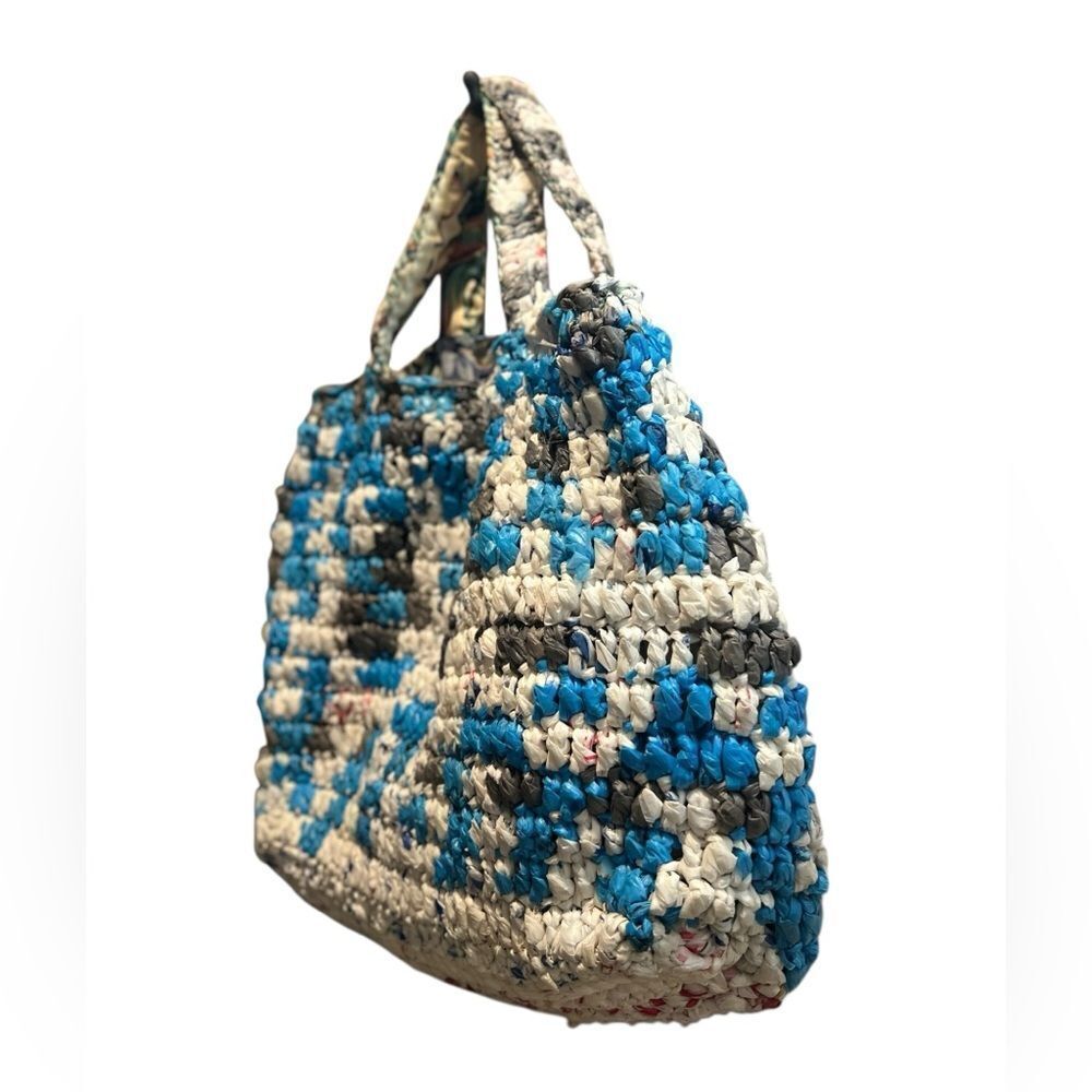 Handmade Crochet Recycled Plastic Bag Tote Blue Gray Eco-Friendly Market Bag
